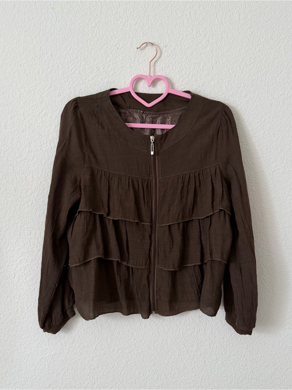 Tiered Ruffle Zip-Front Jacket in Olive Brown